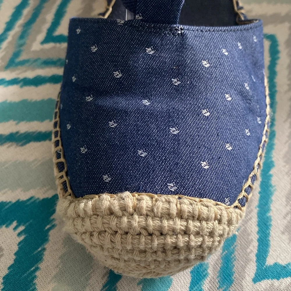 Clarks Blue Polka Dot Espadrille Wedge Sandals Coastal Resort Vacation Sz 8